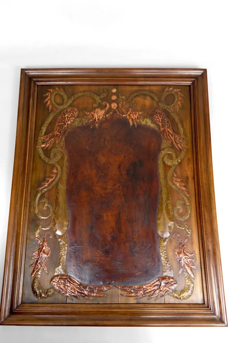 Pamono Art Nouveau La Fontaines Fable Panel with The Crow and the Fox Motif in Repoussé Leather and Dinanderie, 1890s> Architectural Elements