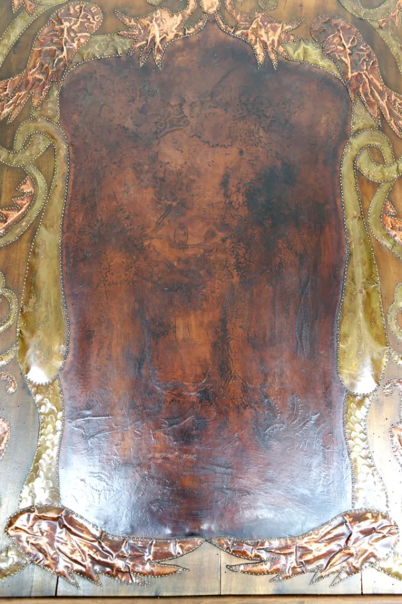 Pamono Art Nouveau La Fontaines Fable Panel with The Crow and the Fox Motif in Repoussé Leather and Dinanderie, 1890s> Architectural Elements