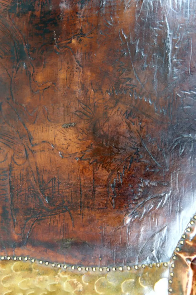 Pamono Art Nouveau La Fontaines Fable Panel with The Crow and the Fox Motif in Repoussé Leather and Dinanderie, 1890s> Architectural Elements