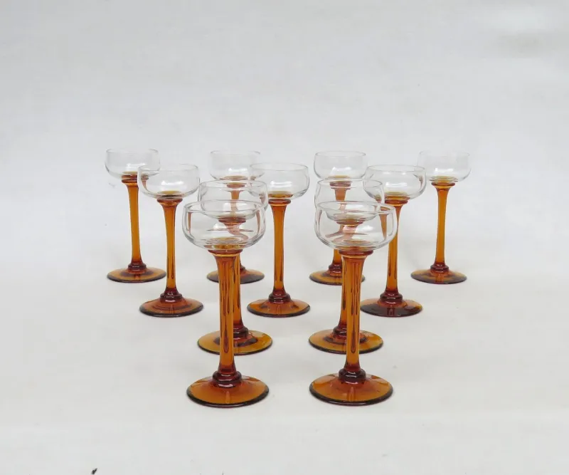 Pamono Art Nouveau Liquor Glasses from Rheinische Glashütte, Cologne-Ehrenfeld, 1890s, Set of 11> Glassware