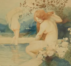 Pamono Art Nouveau Nude Watercolor Paintings by A. Crommen, 1918, Set of 2> Art Nouveau