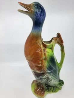 New Pamono Art Nouveau Polychrome Slip and Earthenware Duck Pitcher from Saint Clément