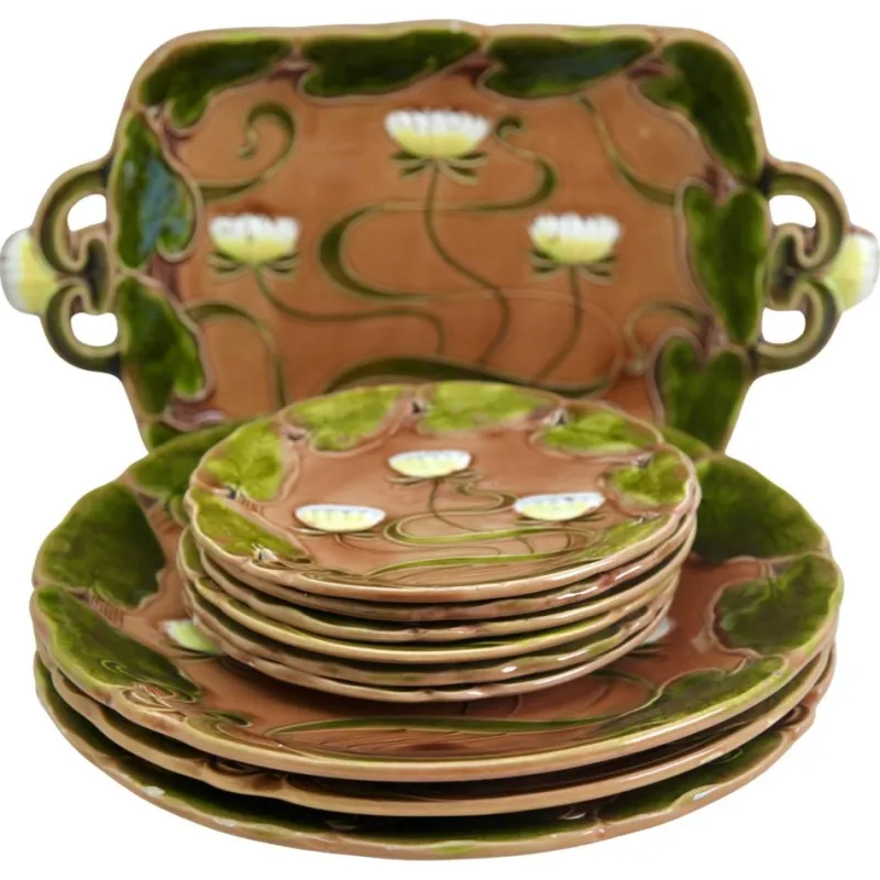 Outlet Pamono Art Nouveau Water Lily Majolica Service by Villeroy & Boch for Schramberg, Set of 10