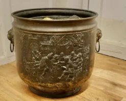 Best Pamono Arts and Crafts Brass Coal Bin with Tavern Scenes, 1900s