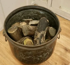 Best Pamono Arts and Crafts Brass Coal Bin with Tavern Scenes, 1900s