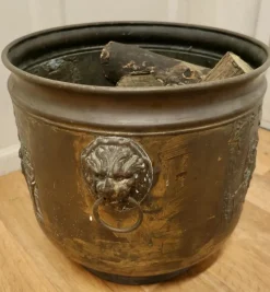 Best Pamono Arts and Crafts Brass Coal Bin with Tavern Scenes, 1900s