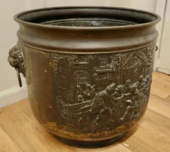 Best Pamono Arts and Crafts Brass Coal Bin with Tavern Scenes, 1900s