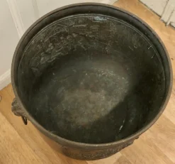 Best Pamono Arts and Crafts Brass Coal Bin with Tavern Scenes, 1900s