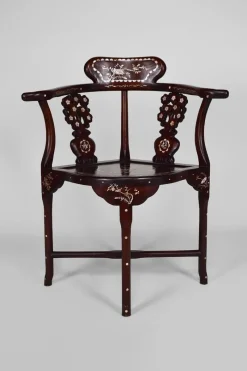 Pamono Asian Carved Inlaid Wood Armchairs, Early 20th Century, Set of 4> Living Room Sets