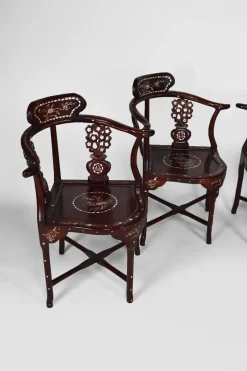 Pamono Asian Carved Inlaid Wood Armchairs, Early 20th Century, Set of 4> Living Room Sets