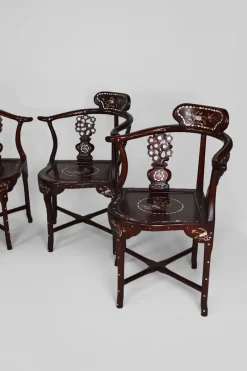 Pamono Asian Carved Inlaid Wood Armchairs, Early 20th Century, Set of 4><noscript><img width=