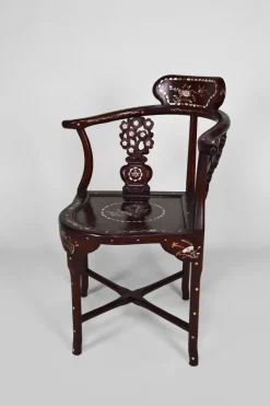 Pamono Asian Carved Inlaid Wood Armchairs, Early 20th Century, Set of 4><noscript><img width=