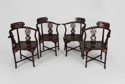 Pamono Asian Carved Inlaid Wood Armchairs, Early 20th Century, Set of 4><noscript><img width=
