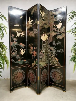 Clearance Pamono Asian Lacquered Room Divider Depicting Crane Birds