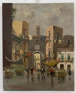 Sale Pamono B. Ciappa, Place du village animée, Oil on Canvas