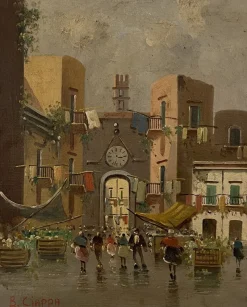 Sale Pamono B. Ciappa, Place du village animée, Oil on Canvas
