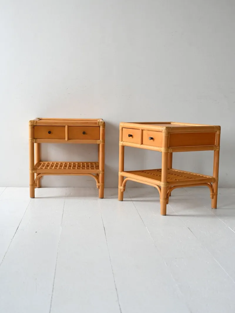 Pamono Bamboo and Woven Rattan Bedside Tables from Dux, 1960s, Set of 2> Nightstands