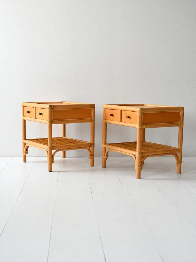 Pamono Bamboo and Woven Rattan Bedside Tables from Dux, 1960s, Set of 2> Nightstands