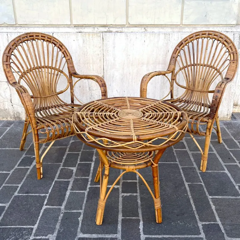Discount Pamono Bamboo Coffee Table and Chairs, 1960s, Set of 3