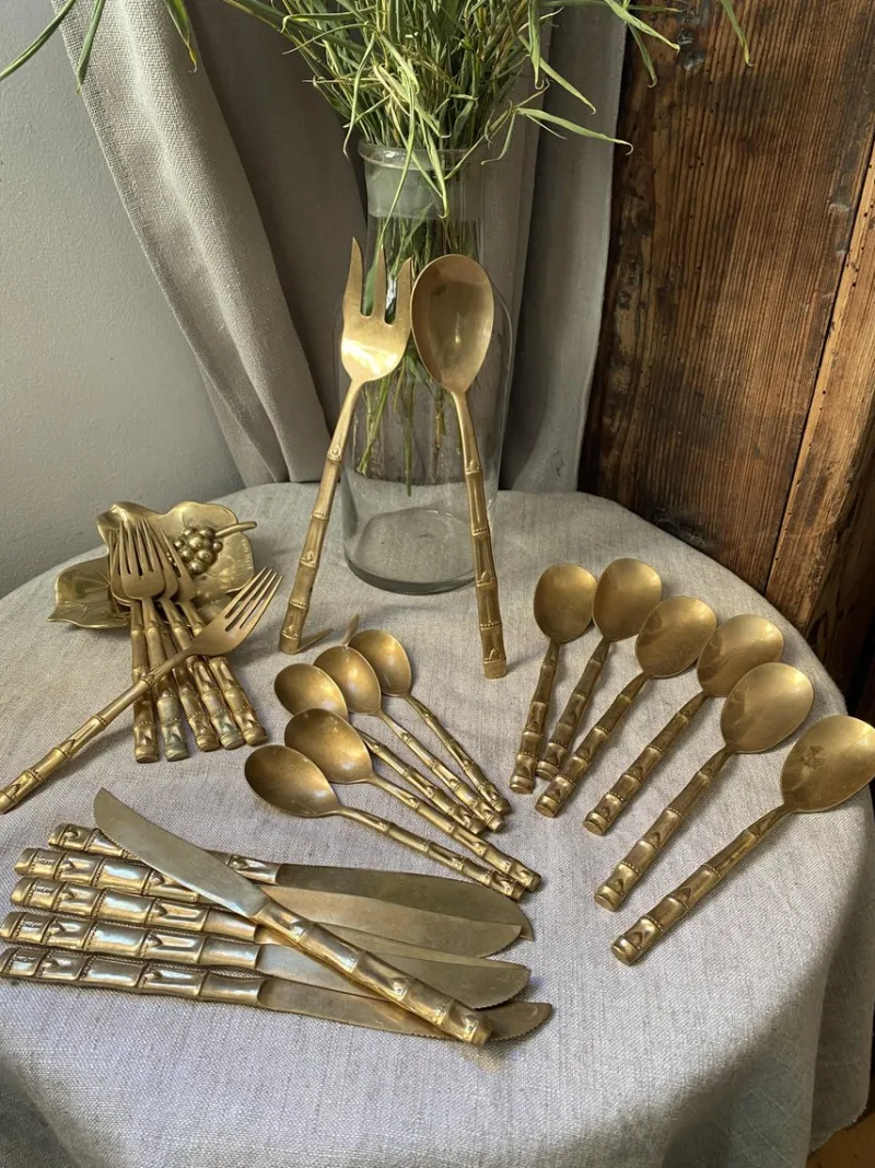 Sale Pamono Bamboo Style Serving Cutlery in Nickel-Plated Bronze, 1960s, Set of 25