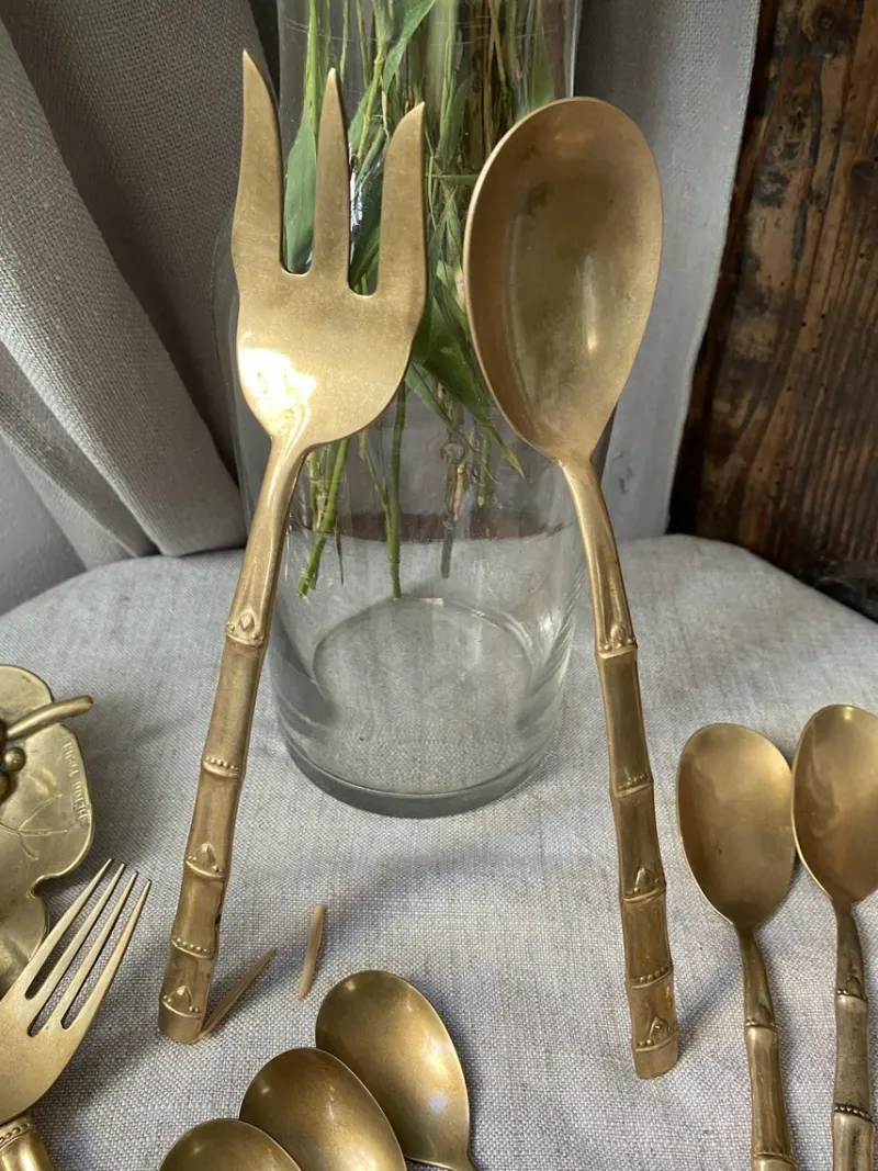 Sale Pamono Bamboo Style Serving Cutlery in Nickel-Plated Bronze, 1960s, Set of 25