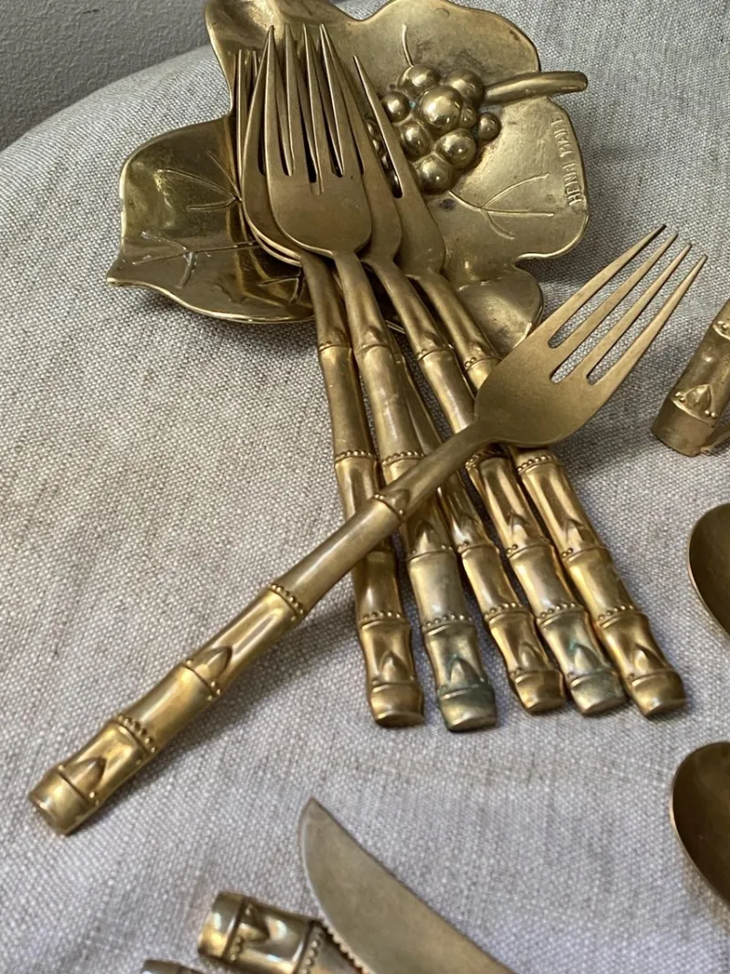 Sale Pamono Bamboo Style Serving Cutlery in Nickel-Plated Bronze, 1960s, Set of 25
