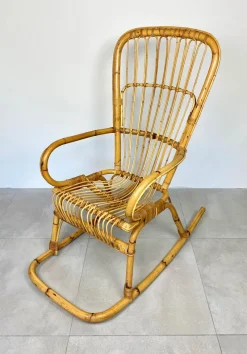 Pamono Bamboo Wicker Rocking Chair, Italy, 1960s