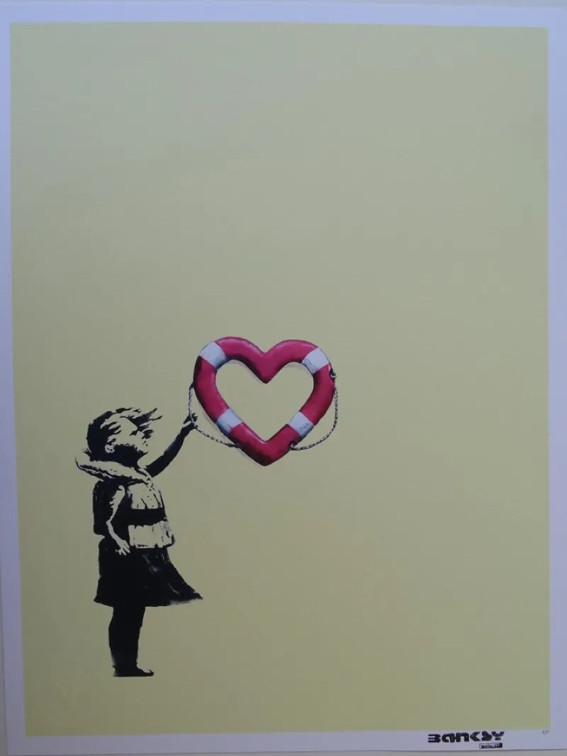 Hot Pamono Banksy X Post Modern Vandal, Girl with Heart Shaped Float (Yellow), 2021, Pigment Print