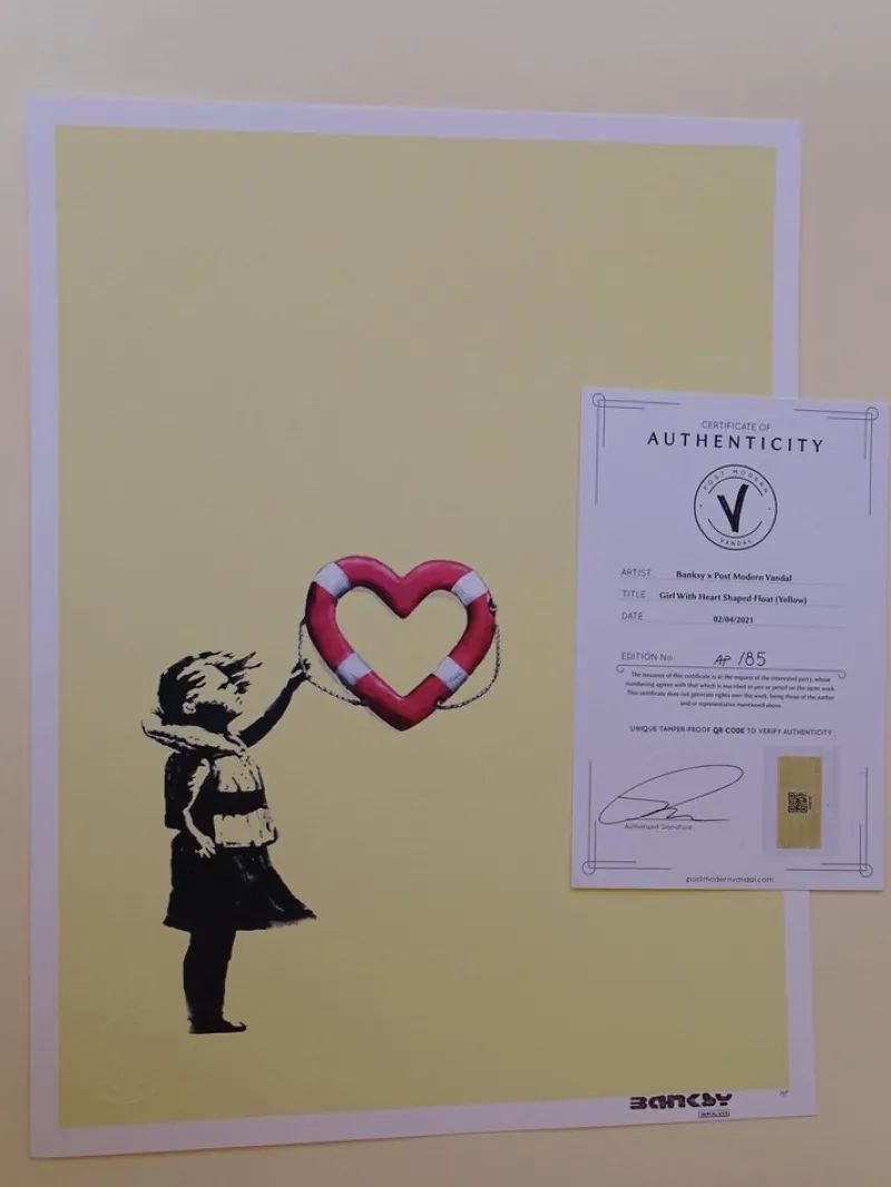 Hot Pamono Banksy X Post Modern Vandal, Girl with Heart Shaped Float (Yellow), 2021, Pigment Print