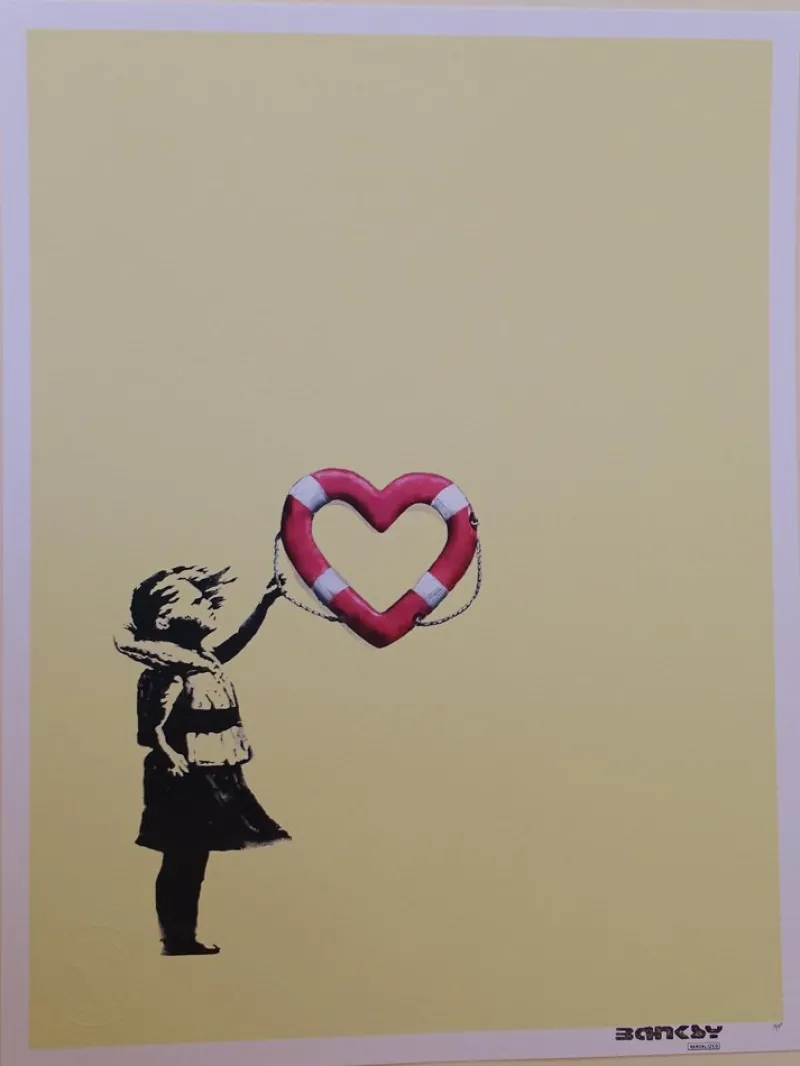 Hot Pamono Banksy X Post Modern Vandal, Girl with Heart Shaped Float (Yellow), 2021, Pigment Print
