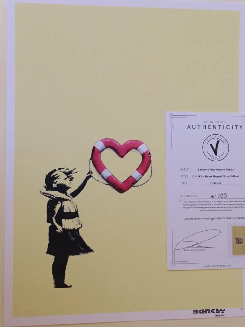 Hot Pamono Banksy X Post Modern Vandal, Girl with Heart Shaped Float (Yellow), 2021, Pigment Print