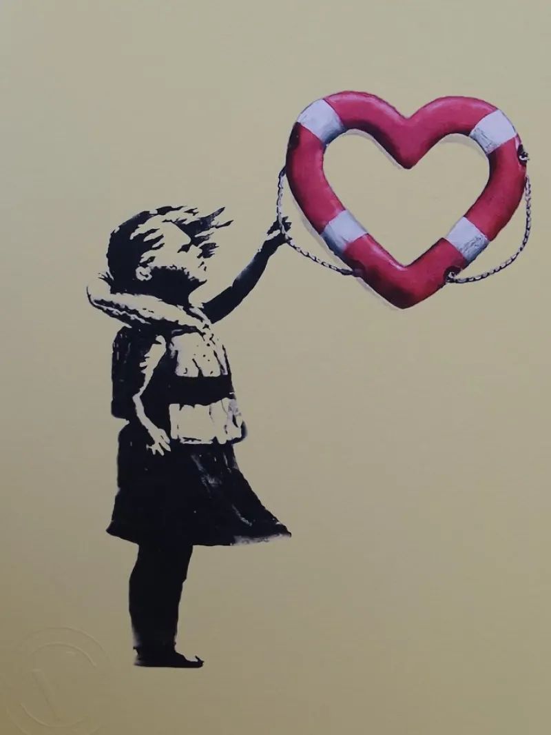 Hot Pamono Banksy X Post Modern Vandal, Girl with Heart Shaped Float (Yellow), 2021, Pigment Print