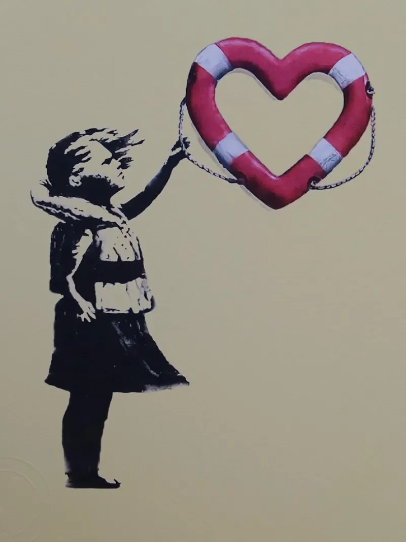 Hot Pamono Banksy X Post Modern Vandal, Girl with Heart Shaped Float (Yellow), 2021, Pigment Print