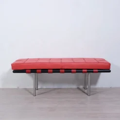 Sale Pamono Barcellona 3-Seater Bench in Red Leather, Wooden Base and Steel Legs