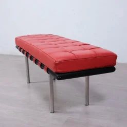 Sale Pamono Barcellona 3-Seater Bench in Red Leather, Wooden Base and Steel Legs