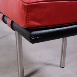 Sale Pamono Barcellona 3-Seater Bench in Red Leather, Wooden Base and Steel Legs