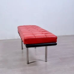 Sale Pamono Barcellona 3-Seater Bench in Red Leather, Wooden Base and Steel Legs