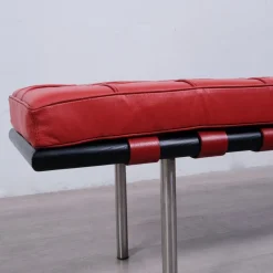 Sale Pamono Barcellona 3-Seater Bench in Red Leather, Wooden Base and Steel Legs