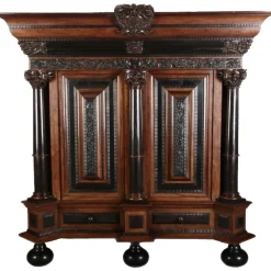 Pamono Baroque Cabinet Amsterdam Schapp, 5 Ebonized Columns, Pillow Fillings, Carved Chapters - Doors - Cornice, Secret Compartment, on High Feet, 1880> Cabinets & Wardrobes