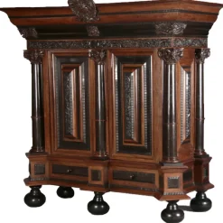 Pamono Baroque Cabinet Amsterdam Schapp, 5 Ebonized Columns, Pillow Fillings, Carved Chapters - Doors - Cornice, Secret Compartment, on High Feet, 1880><noscript><img width=