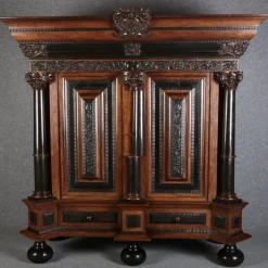 Pamono Baroque Cabinet Amsterdam Schapp, 5 Ebonized Columns, Pillow Fillings, Carved Chapters - Doors - Cornice, Secret Compartment, on High Feet, 1880><noscript><img width=