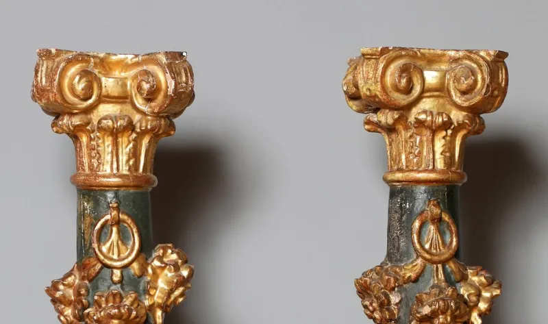 Pamono Baroque Colored Columns in Wood, South Germany, 1750, Set of 2> Pedestals And Columns