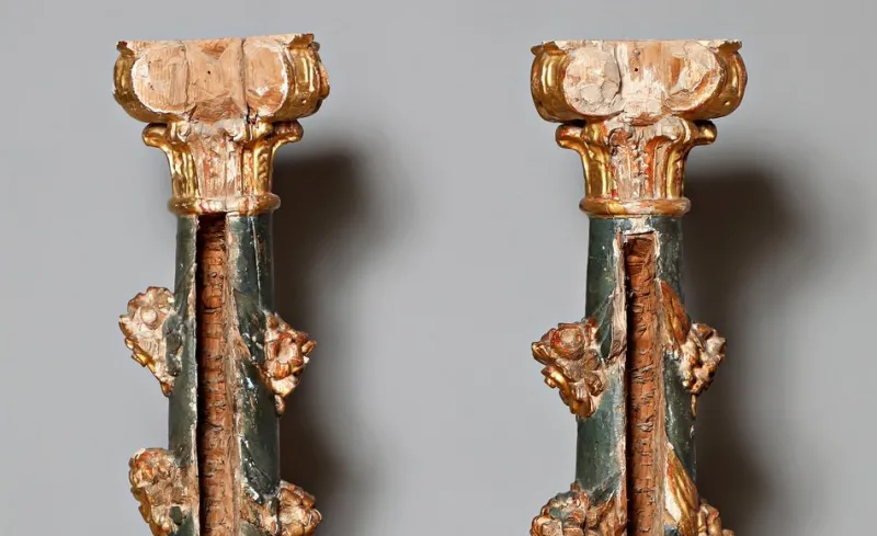 Pamono Baroque Colored Columns in Wood, South Germany, 1750, Set of 2> Pedestals And Columns