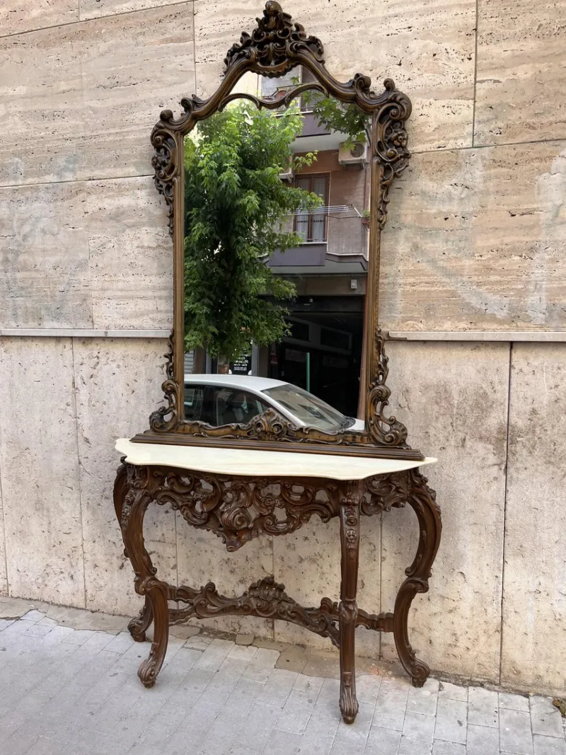 Online Pamono Baroque Console and Mirror in Wood, 1900s, Set of 2