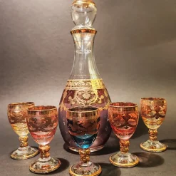 Pamono Baroque Venetian Bottle and Glasses in Glass with Gold Trim, Venice, Italy, 1950s, Set of 6> Dinnerware Accessories
