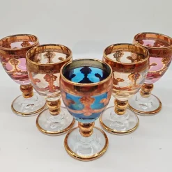 Pamono Baroque Venetian Bottle and Glasses in Glass with Gold Trim, Venice, Italy, 1950s, Set of 6><noscript><img width=