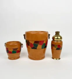 Pamono Barware & Icebucket Shaker by Aldo Tura for Macabo, Italy, 1950s, Set of 3><noscript><img width=