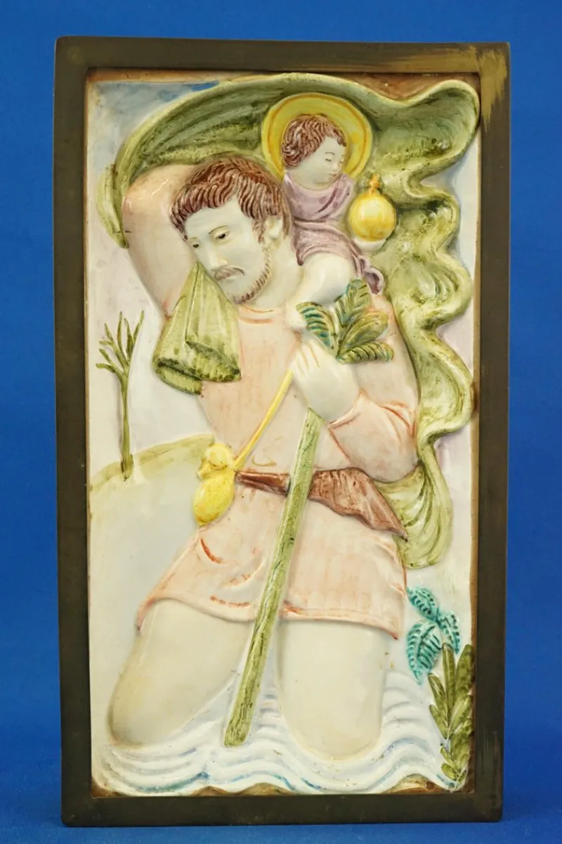 Pamono Bas-Relief Plaque Sculpture of Saint Christopher with Baby Jesus from Le Tre Aaa, Turin, Italy, 1920s> Wall Decor
