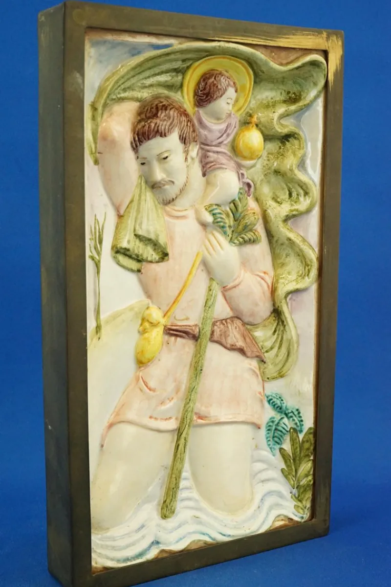 Pamono Bas-Relief Plaque Sculpture of Saint Christopher with Baby Jesus from Le Tre Aaa, Turin, Italy, 1920s> Wall Decor
