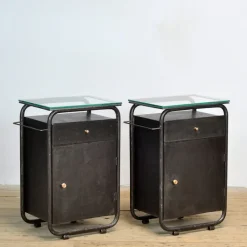Pamono Bauhaus Bedside Tables in Iron and Glass, 1920s, Set of 2> Nightstands